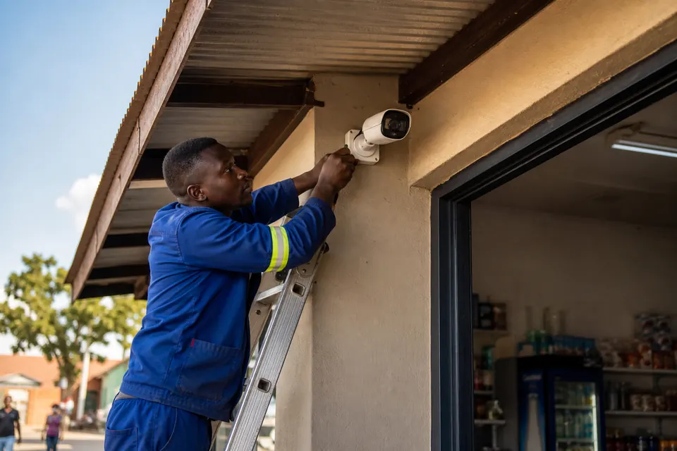 CCTV security camera being professionally mounted on a shop exterior