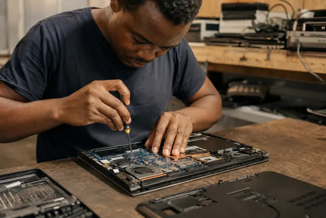 Laptop repair and diagnostics at a technician workbench