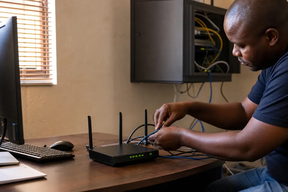 Wi-Fi router and network cables being set up in a small office