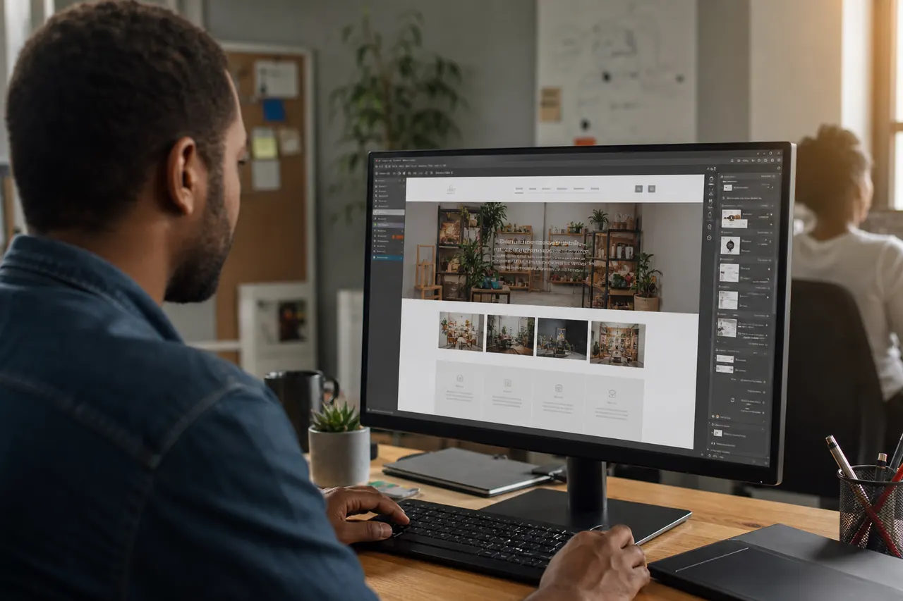 Web designer reviewing a clean business website mockup