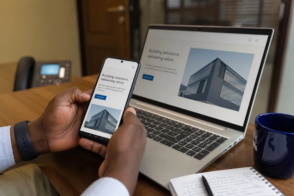 Phone and laptop showing a business website on a desk