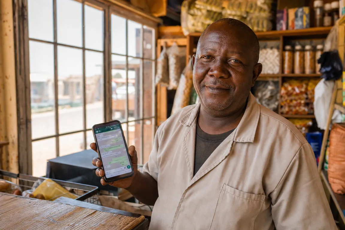 Shop owner managing customer WhatsApp messages on a phone