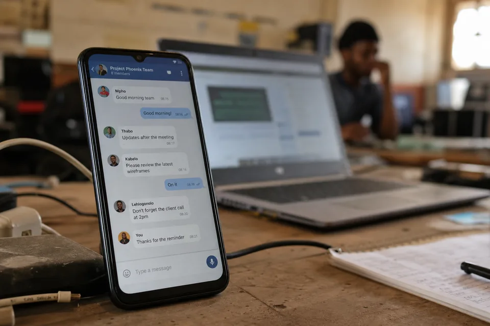 Phone showing a shared messaging inbox on a workshop desk