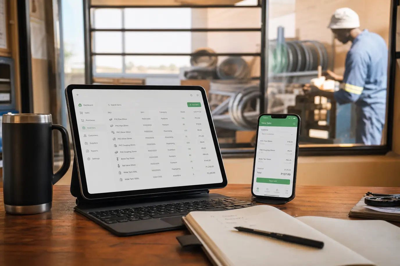 Tablet and phone showing a stock and sales business app on a workshop desk