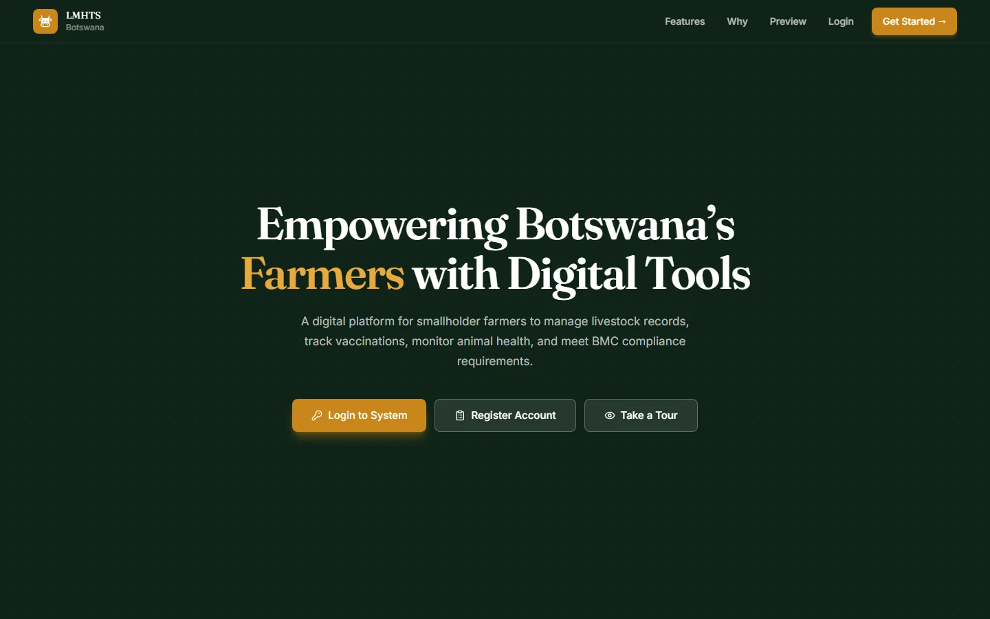 Desktop screenshot of LMHTS Botswana livestock management website